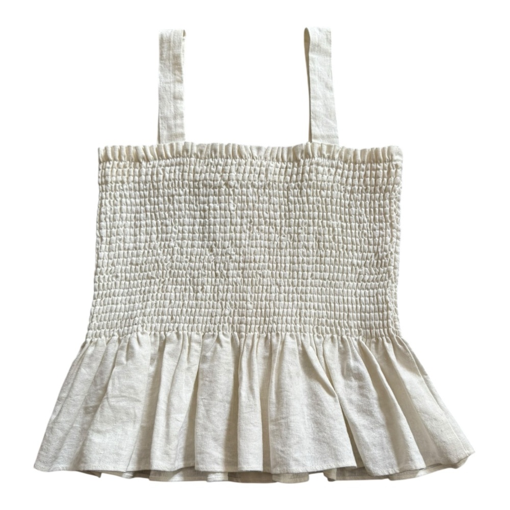 Socialite Cream Linen Peplum Button-Down Smocked Sleeveless Tank Top Size Medium - Picture 6 of 14